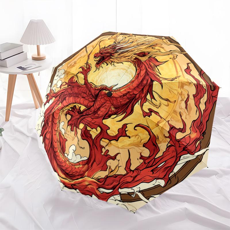 Golden Dragon Pattern, Automatic Folding Umbrella, Portable and Foldable Design, 8 Ribs, a Christmas or Birthday Gift.