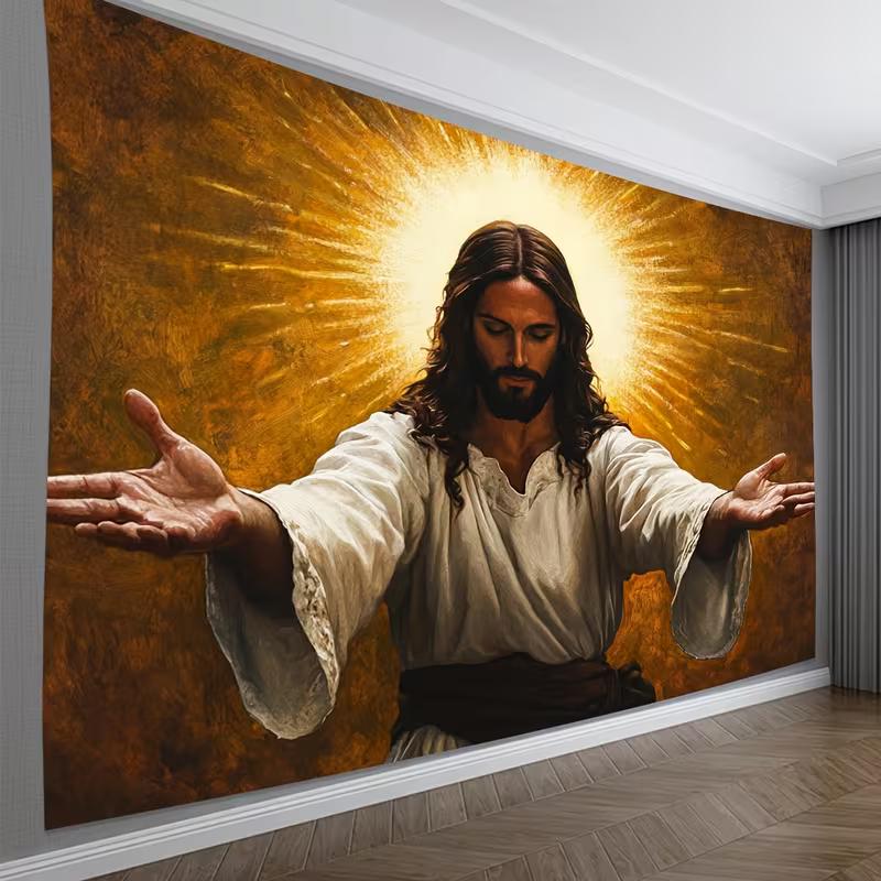 2D Jesus Open Arms Backdrop, Christ with Radiant Halo Photography Background, Christian Religious Banner