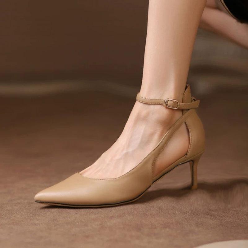 2025 Spring New Popular Single Shoes Light Mouth Women's Shoes Nude Pointed Thin Heel Elegant One-word Buckle High Heels
