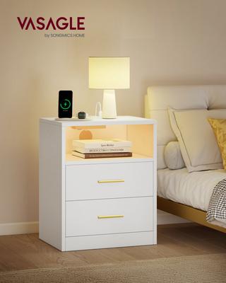 Custos Collection LET629WB01 Bedside Table with Charging Station, LED Lighting, Side Table, Modern with Drawers, 2 AC Outlets and USB Ports