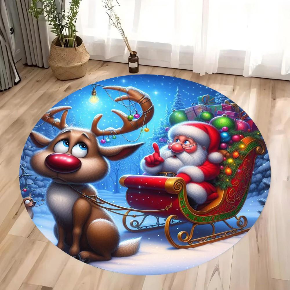 Christmas Santa Claus Round Carpet Living Room Bedroom Mat Festive Atmosphere Decorated Christmas Tree Home Rug Decoration