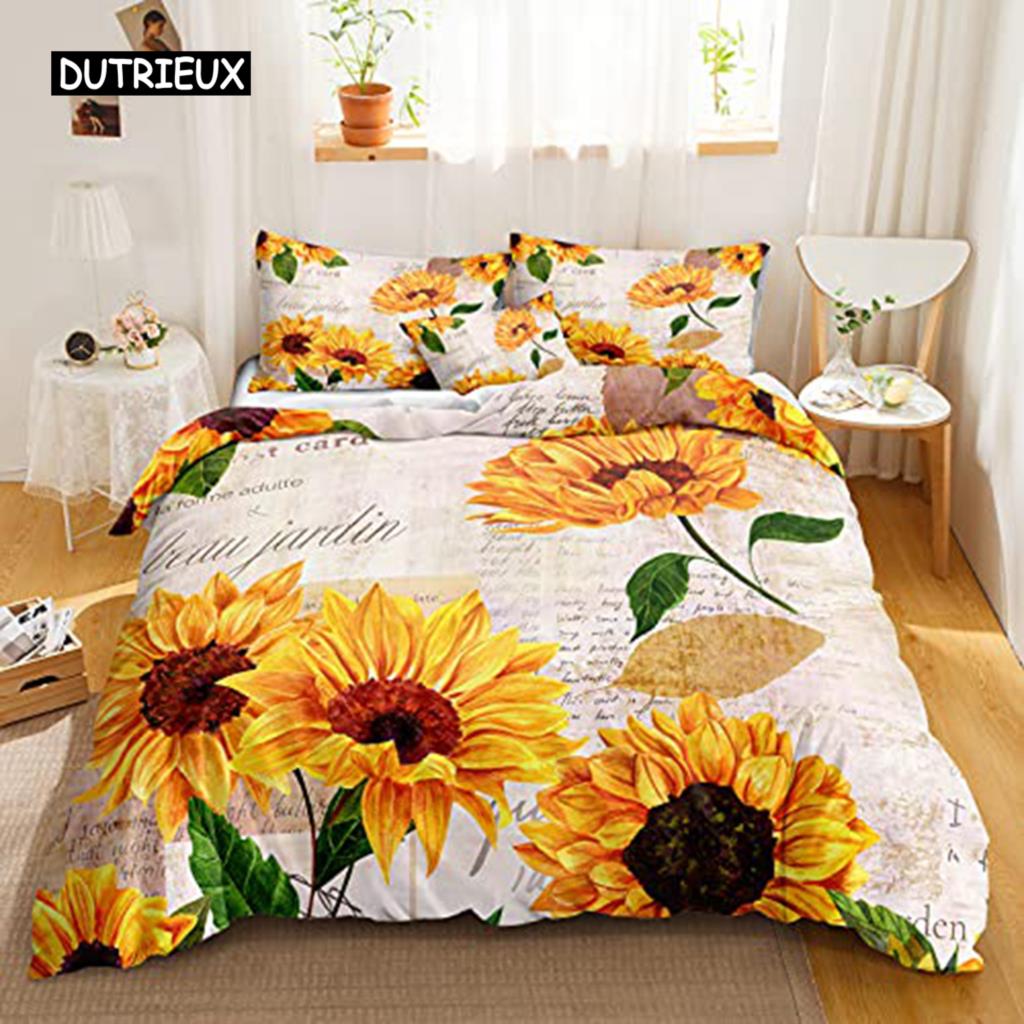 Yellow Flower Bedspread Cover Collection Sunflower Bedclothes Sunflower Fields with Sunset Printed Botanical Flowers Polyester Bed Linen Collection