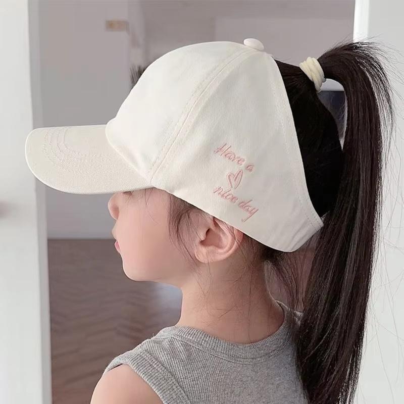 Girls Open Top Baseball Cap With Ponytail Opening And Heart Embroidery, Sun Shade Visor Hat For Kids Summer Outdoor Daily Travel Wear