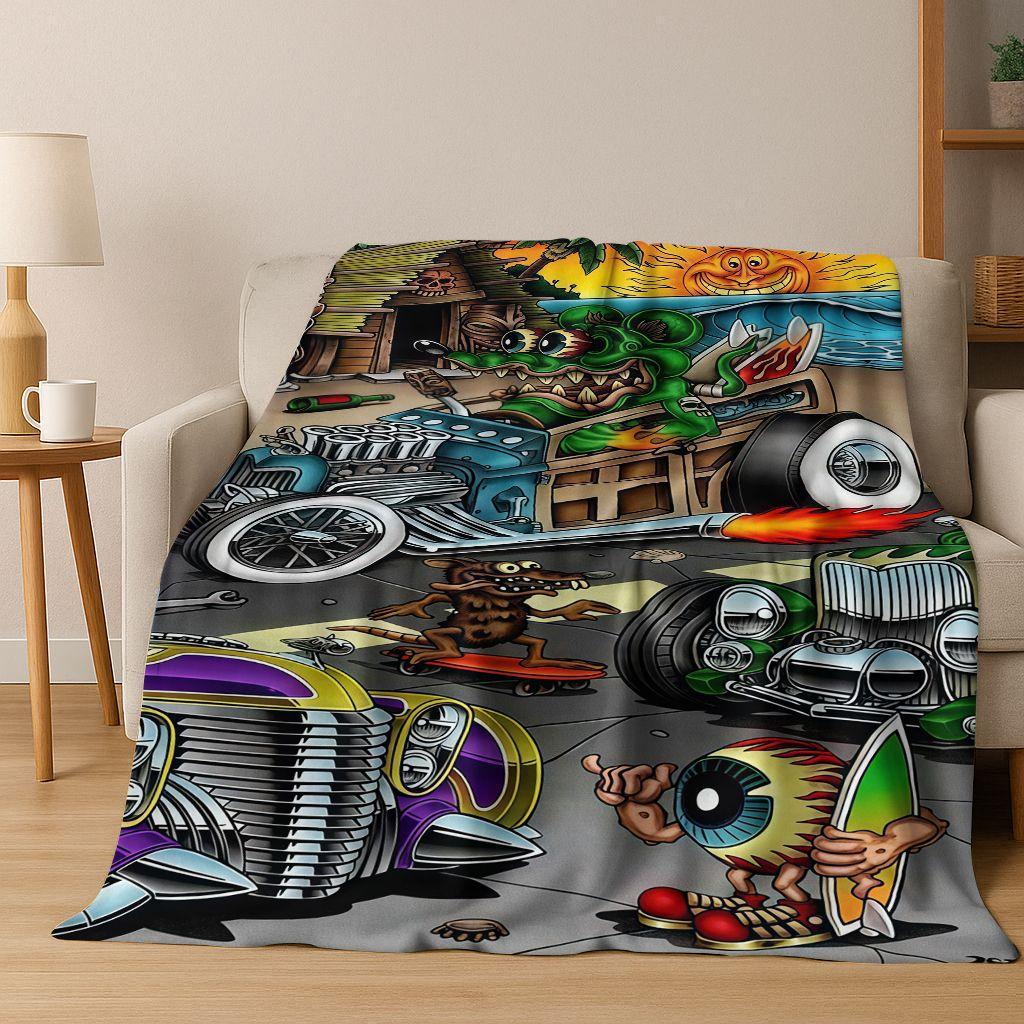 3D Rebellischer RAT FINK Autos Schild Cartoon Flanell Decke, Warme und Gemütliche Weiche Überwurfdecke für Zuhause Schlafzimmer Bett Sofa Picknick Abdeckung