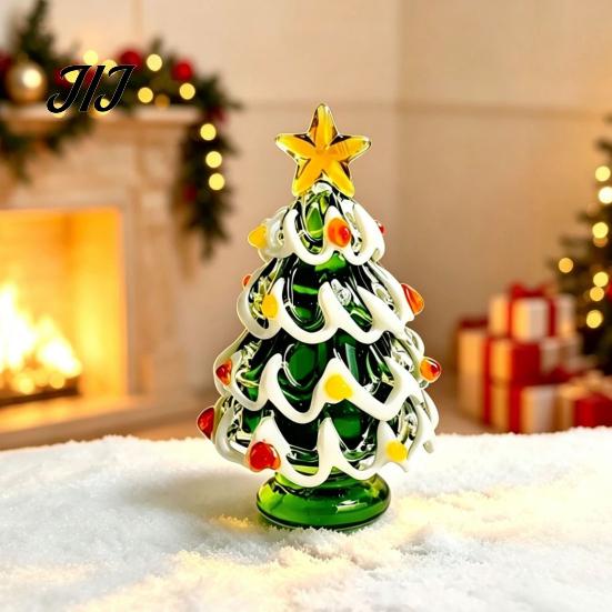 Elegant Office Desk Decor Glazed Glass Christmas Tree Figurine, Handcrafted Ornament Small Art Gift for Holiday Display, Colorful Modern Table