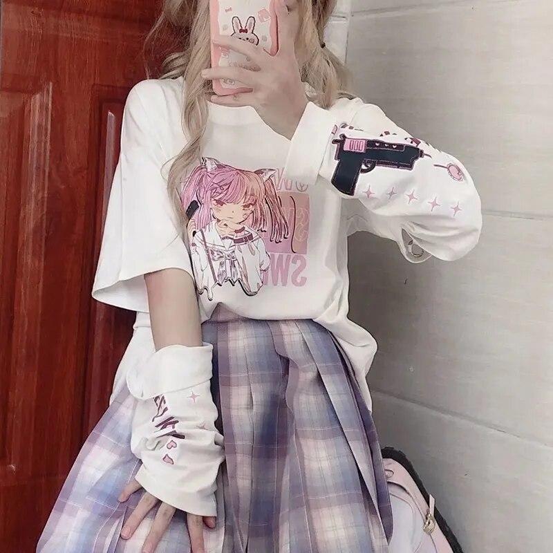2KWEIRD Japanischer Anime-Print Grafik-T-Shirt Damen Sommer Goth Top Mujer Gespaltene Ärmel Mädchen Y2k Kleidung Ästhetisch Harajuku Kawaii T-Shirts