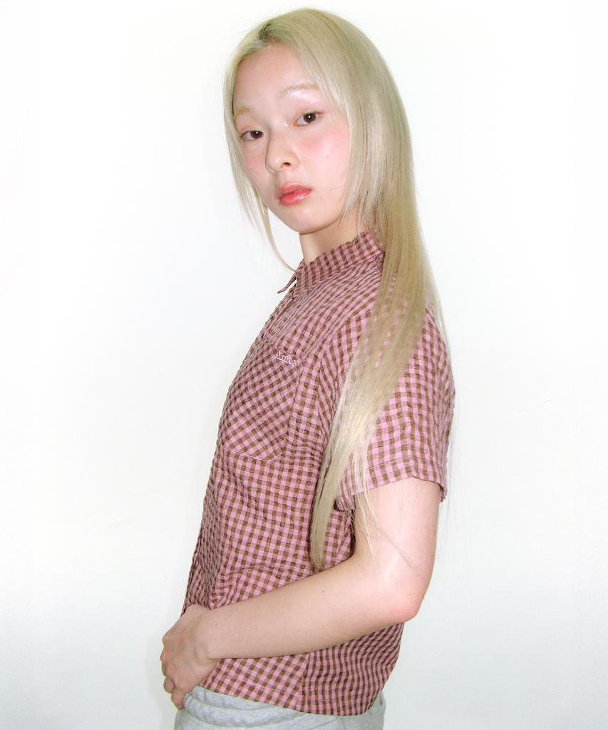 AMES-WORLDWIDE Wrinkled Check Short Sleeve Shirts Pink
