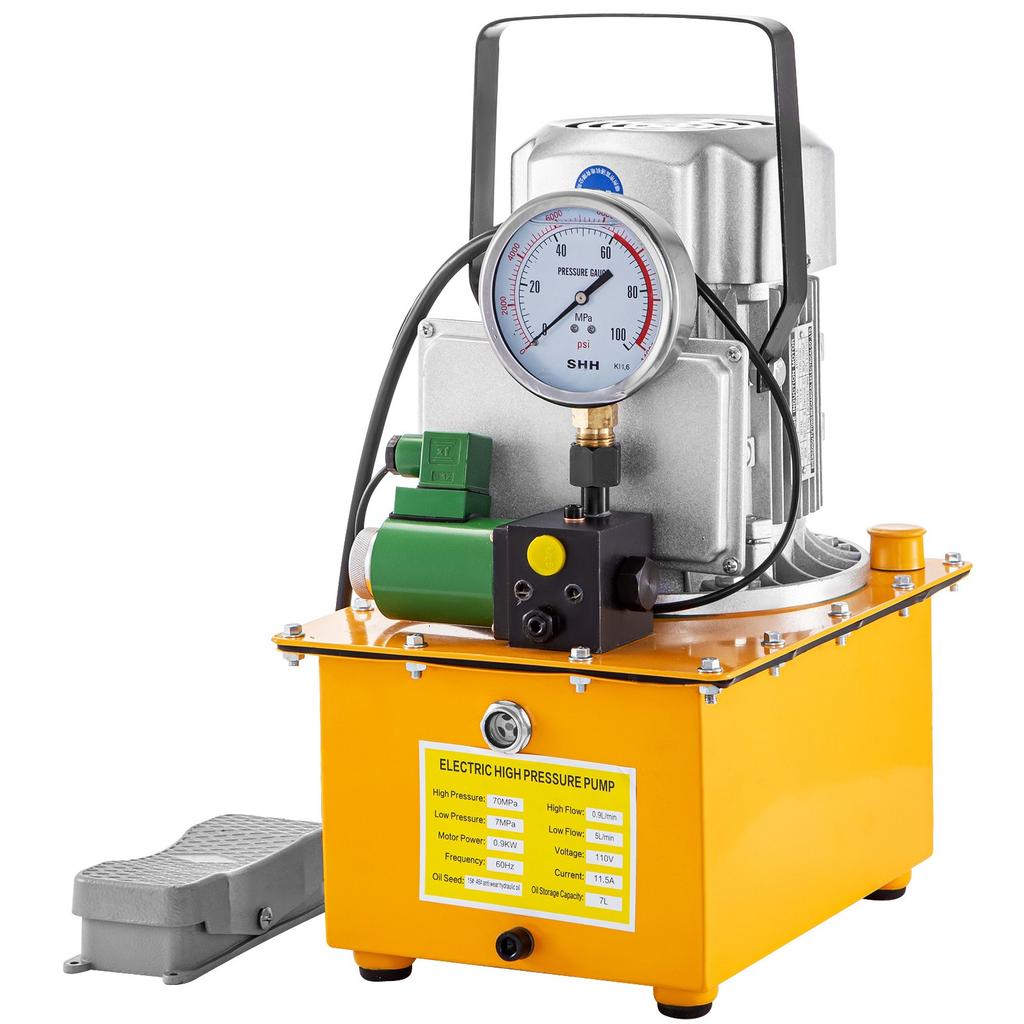 VEVOR Pompe Électrique Hydraulique, Pompe à Entraînement Hydraulique 750W, 70 MPa(10152 PSI) Simple effet, 220V, Pédale à solénoïde, Cylindre de groupe hydraulique 7L