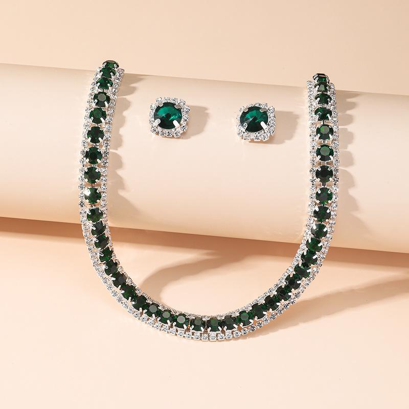 Lyx Halsband Örhängen Set Grön Kristall Halsband Kvinnor Bröllop Brud Smycken Tillbehör