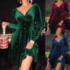 Womens Wrap V Neck Long Sleeve Velvet Glitter A Line Cocktail Party Swing Fit And Flare Skater Mini Dress