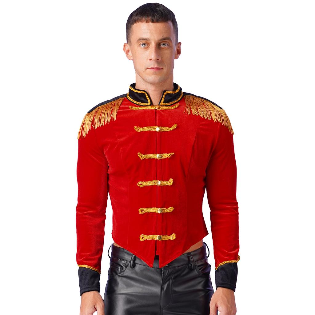 Mens Circus Ringmaster Costume Stand Collar Fringed Shoulder Board Velvet Jacket Halloween Cosplay Coat