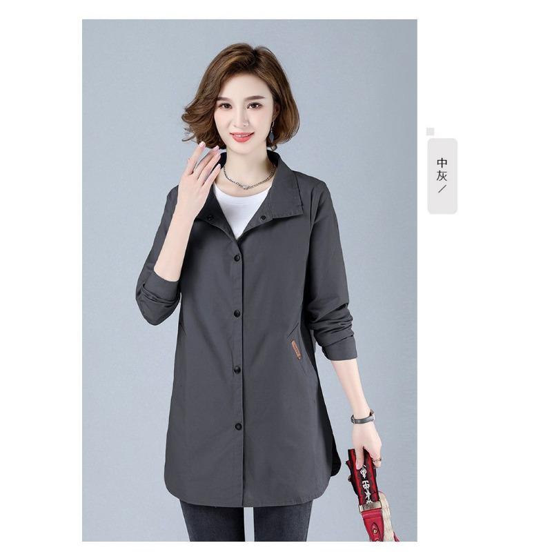 Herbst Neu Mittellanger Windbreaker Revers Langarm Vielseitige Strickjacke Unifarben Temperament Knopf Dünne Jacke