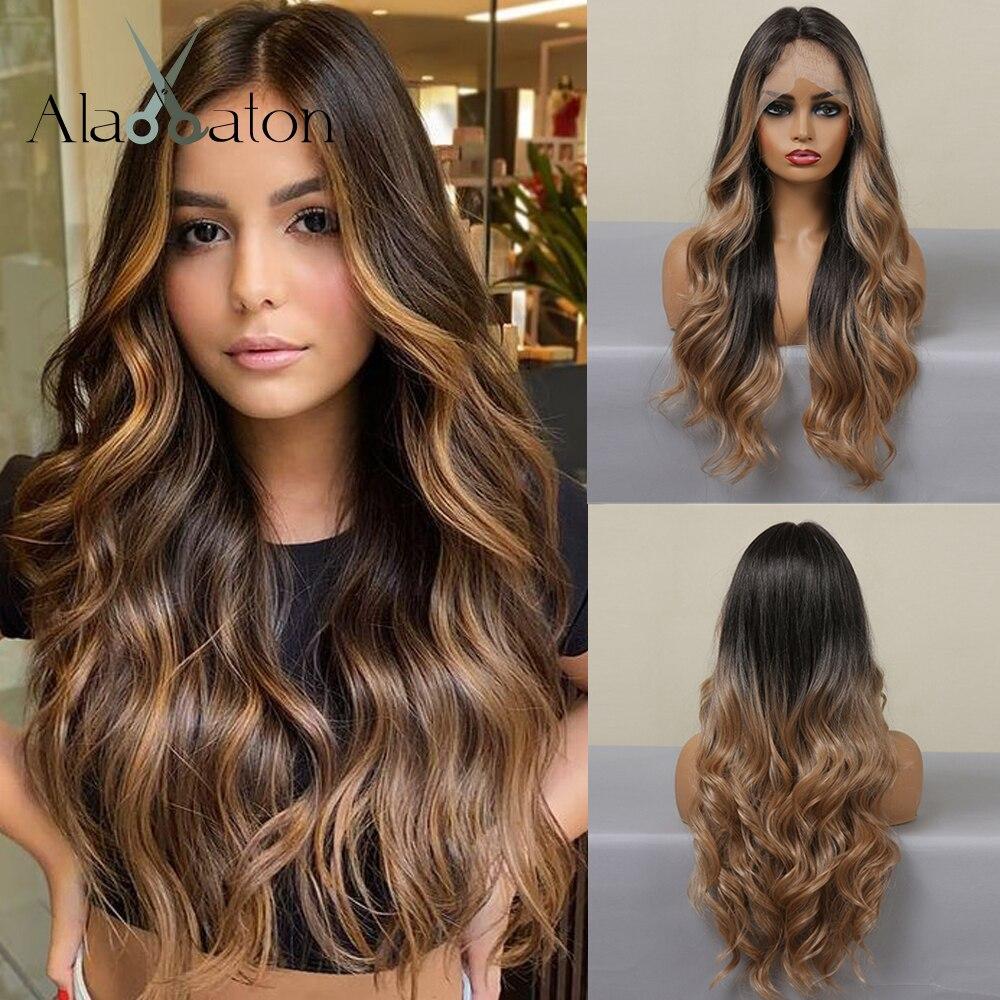 ALAN EATON Long Body Wave Synthetic Lace Front Wigs for Women Afro Brown Ombre To Blonde T Part Lace Wig Colored Highlight Hair