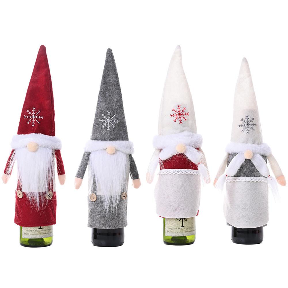 Świąteczne pokrowce na butelki wina z uroczym wzorem bez twarzy staruszka w kolorach czerwonym i szarym