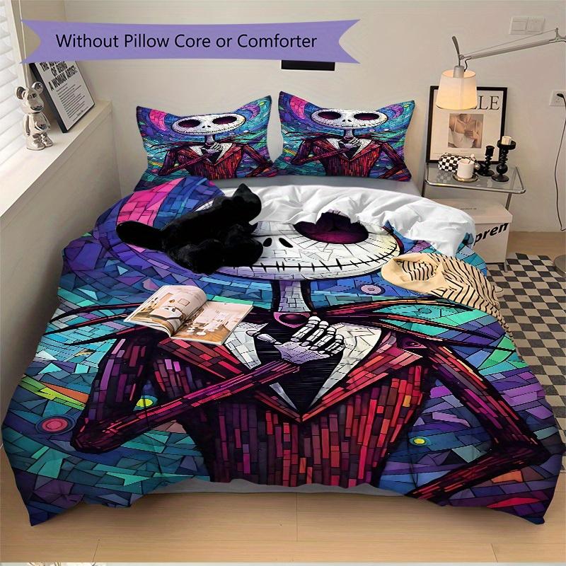 3pcs Set Skeleman, NightmareBeforeChristmas1pc of Quilt Cover+2pcs of Pillowcase, No Core, Print Bedding, All Seasons Bedroom Setting047