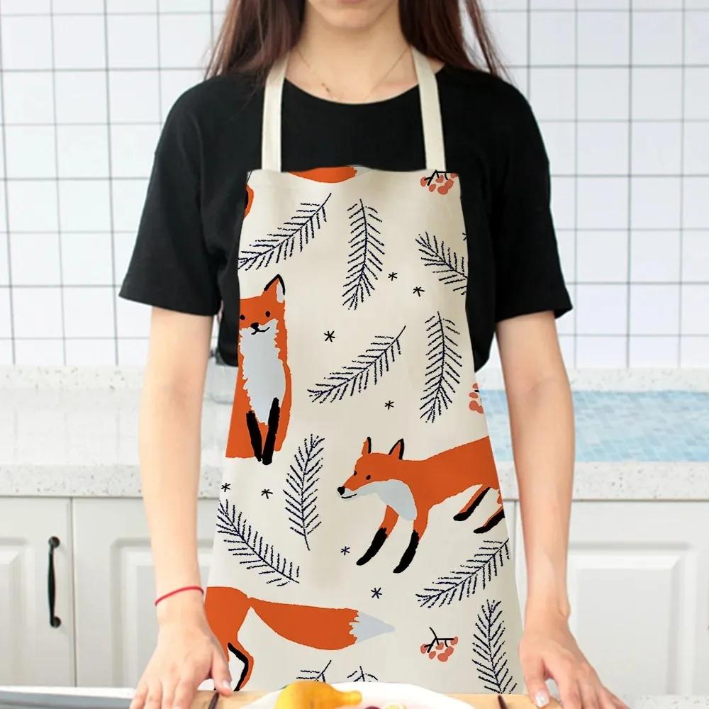 Cute Fox Cat Pattern Apron Women Men Children's Cooking Oil-Proof Kitchen Cooking Bib Apron Cotton Linen Home Textile