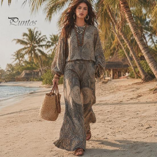 Priedušné látkové oblečenie Boho potlač 2-dielne súpravy pre ženy, Ležérny top s dlhým rukávom lichotivý outfit pre hruškovitú postavu, Nohavice so širokými nohavicami zladené súpravy, Leto