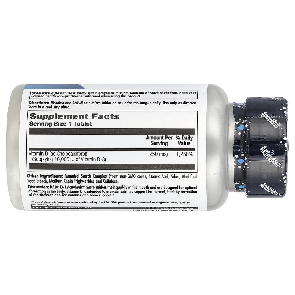 KAL, Ultra D-3, Tasteless, 250 Mcg (10,000 IU), 90 Microtablets