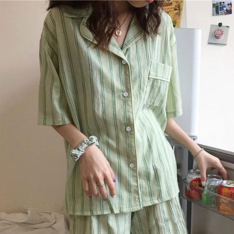 Direct Supply Pajamas Women's Fashion Fresh and Simple Style Striped Control Short-sleeved Trousers Loungewear Women's Casual Suit