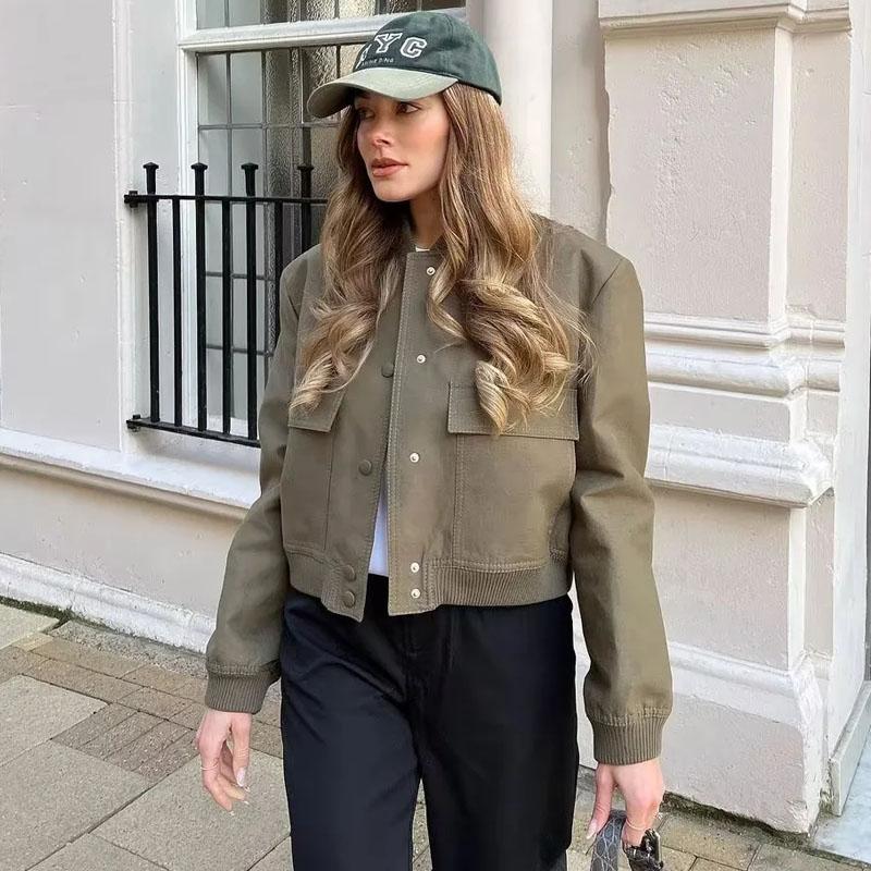 Dame Bomberjakke Frakke Aviator Jakker Efterår Vinter Knap Cropped Jakker Kvinde Mode Afslappet Crop Yderbeklædning