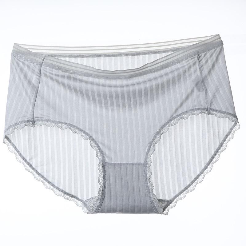 Underwear Women Sexy Ice Silk Transparent Lace Mid Waist Panties Breathable Antibacterial Bottom Crotch Briefs Plus Size Women