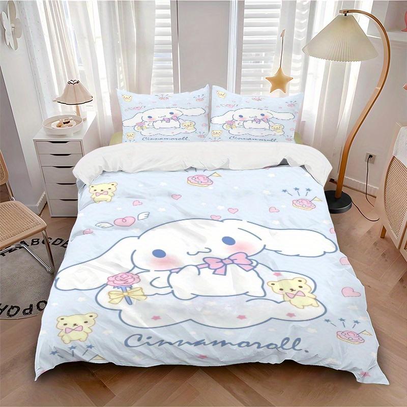 3pcs Blue Cinnamoroll and Bear Quilt Cover Set (1 Quilt Cover + 2 Pillowcases Without Pillow Core), High-Definition Printing for Home and Dormito