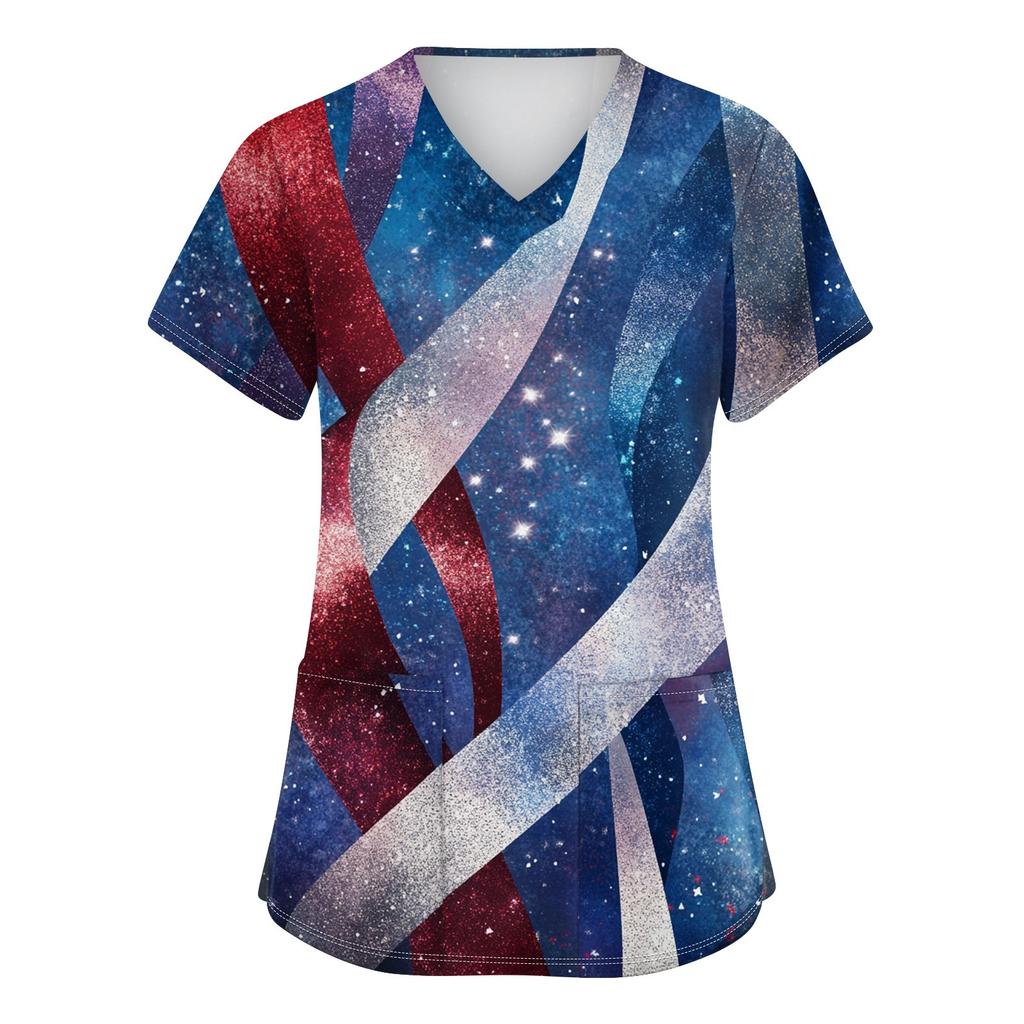 Women's Fashion V-neck Short Sleeve Workwear With Pockets Independence Day Printed Tops
