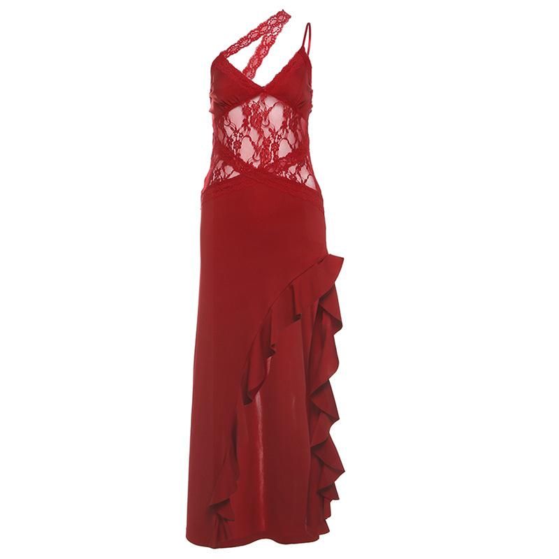 Ladies Spice Street Irregular Design Lace Patchwork See-through Backless Dress