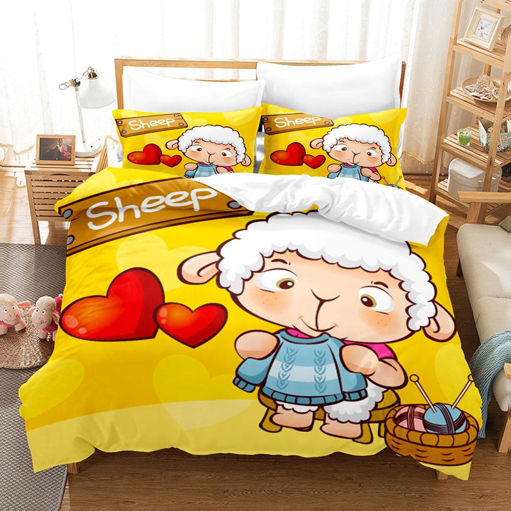 Cartoon Schaap Dekbedovertrek Set Schattig Wit Schaap Bloemen Patroon King Queen Full Size voor Kinderen Jongen Meisje Cadeau Polyester Beddengoed Set