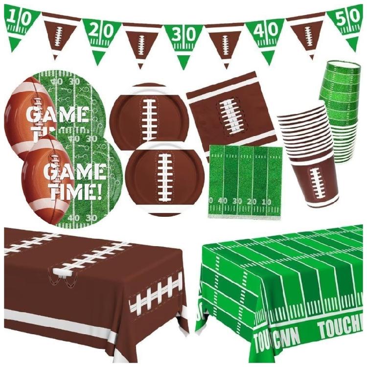 72 Piece Comprehensive Football Championship Celebration Decorations With Bold Stadium Designs On Dishware And Extended Plastic Tablecloths