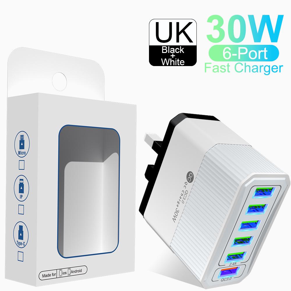 Six-Port 30W QC3.0 Mobile Charger with EU/US/UK/AU Plugs for Fast Charging