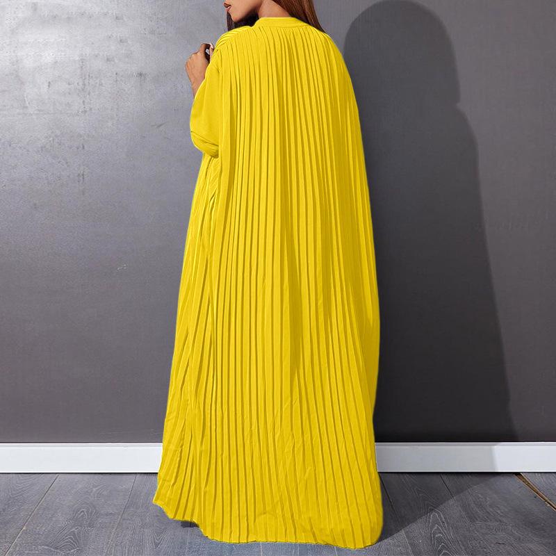 African Loose-Fit Pleated Solid Color Button-Down Long Sleeve Shirt Dress