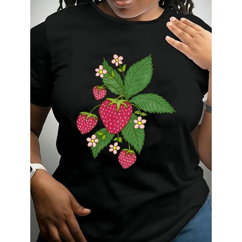 Camiseta Negra para Mujer con Estampado de Fresas y Flores Cuello Redondo Manga Corta Casual Verano