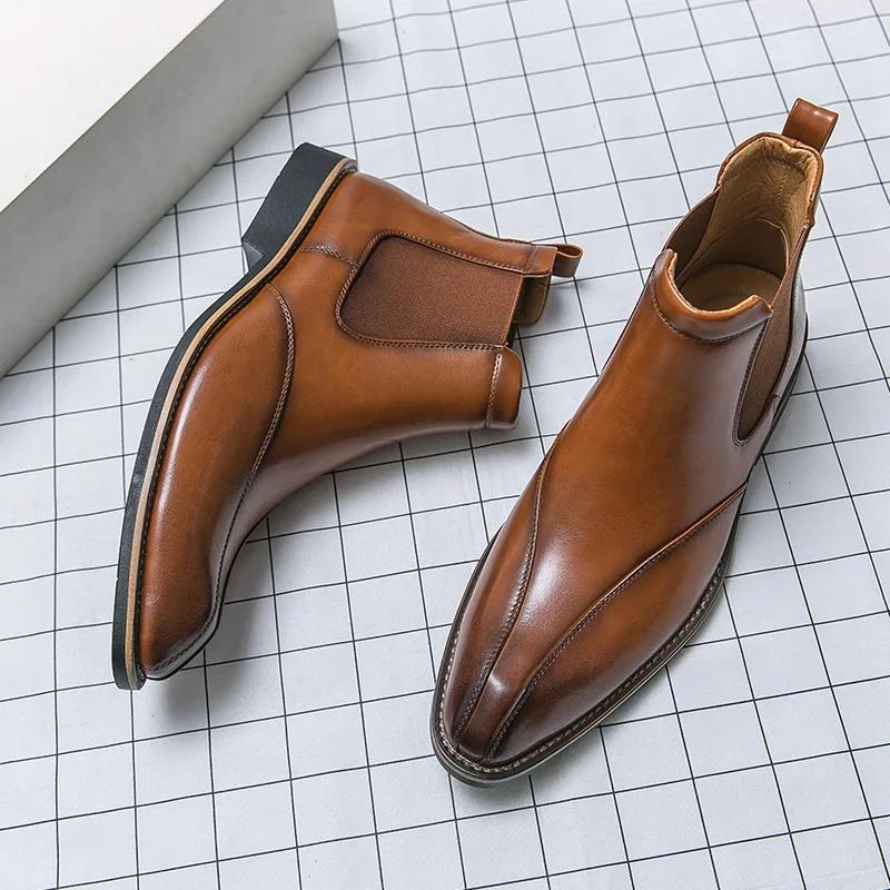 Fashion Elegant Brown Mens Dress Boots Fashion High Top Leather Shoes Man Autumn Winter Luxury Chelsea Boots For Men Bottines Homme