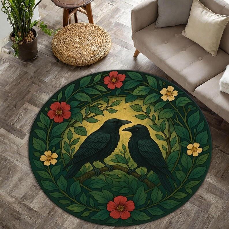 Doppelkrähe Barockteppich Schwarz und Gold Gotischer Runder Teppich Dunkles Viktorianisches Dekoratives Design Teppich Heimdekorations Teppich