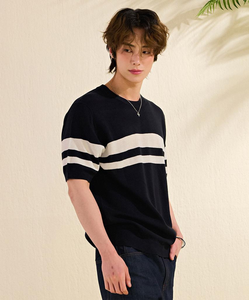 CHASECULT Men'S Cool Touch Block Round Neck Short Sleeve Sweater-Dbrk5613D04