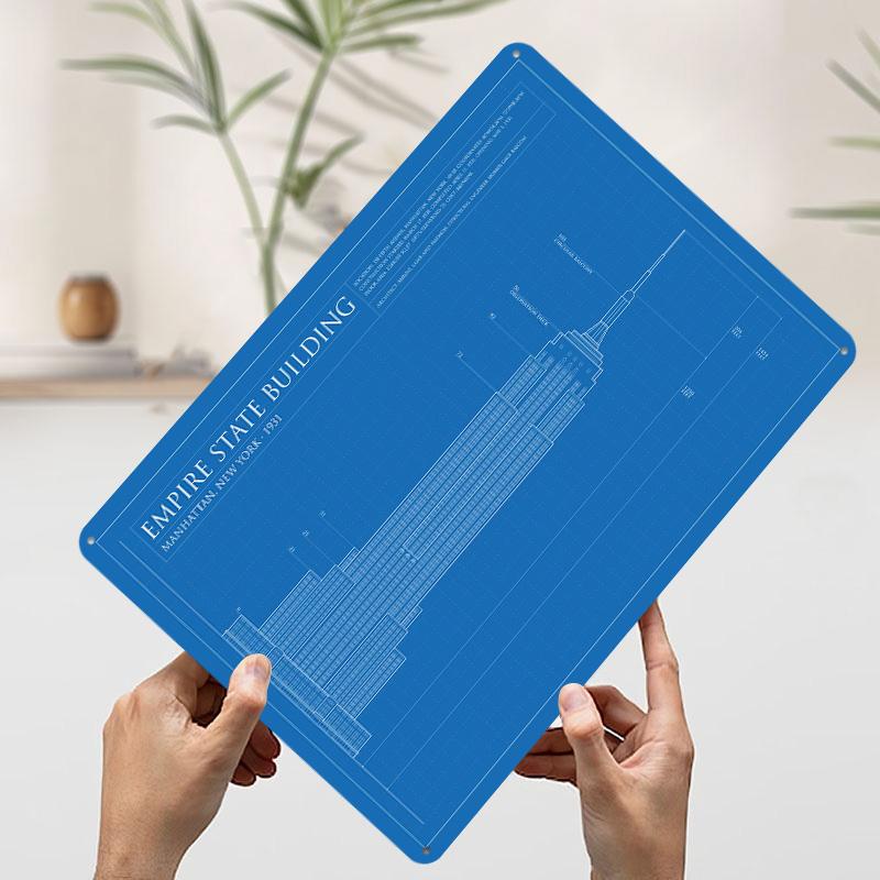 Empire State Building Bauplan Blechschild Poster Individuelle Wandkunst Retro Vintage Metallschilder für Man Cave Dekoration Zuhause