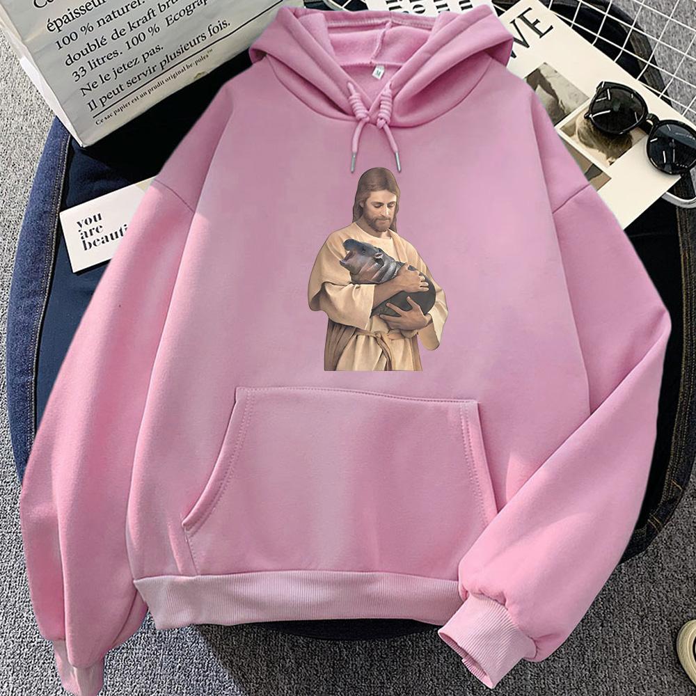 Moo Deng Jesus Meme Cartoon Hoodie Funko Pop Cute Sweatshirt Graphic Printing for Autumn/Winter Kawaii Clothing Moletom Hoody