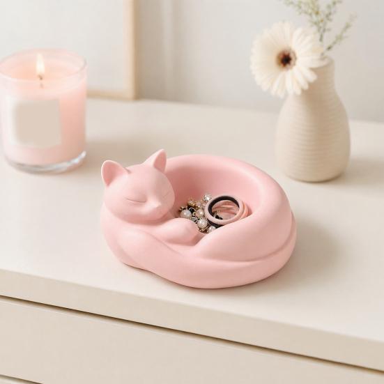 3D Printed Curled Sleeping Cat Planter, Multi-Functional Figurine with Bowl-Holding & Ring Tail Slot, Matte Finish Desktop Organizer for Jewelry Keys