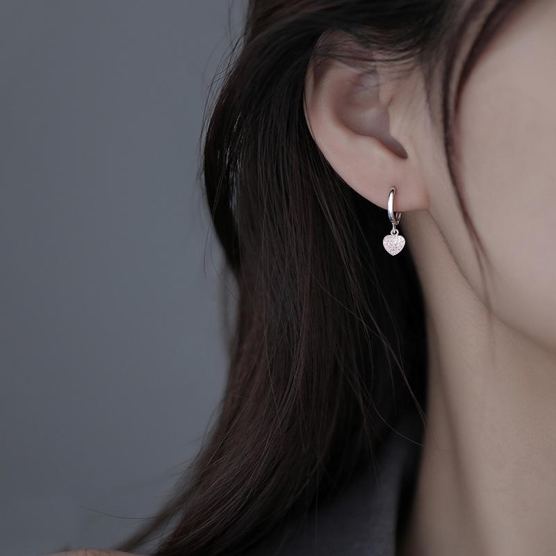 Korean Rhinestone Heart Ear Cuff 925 Sterling Silver Earrings for Women