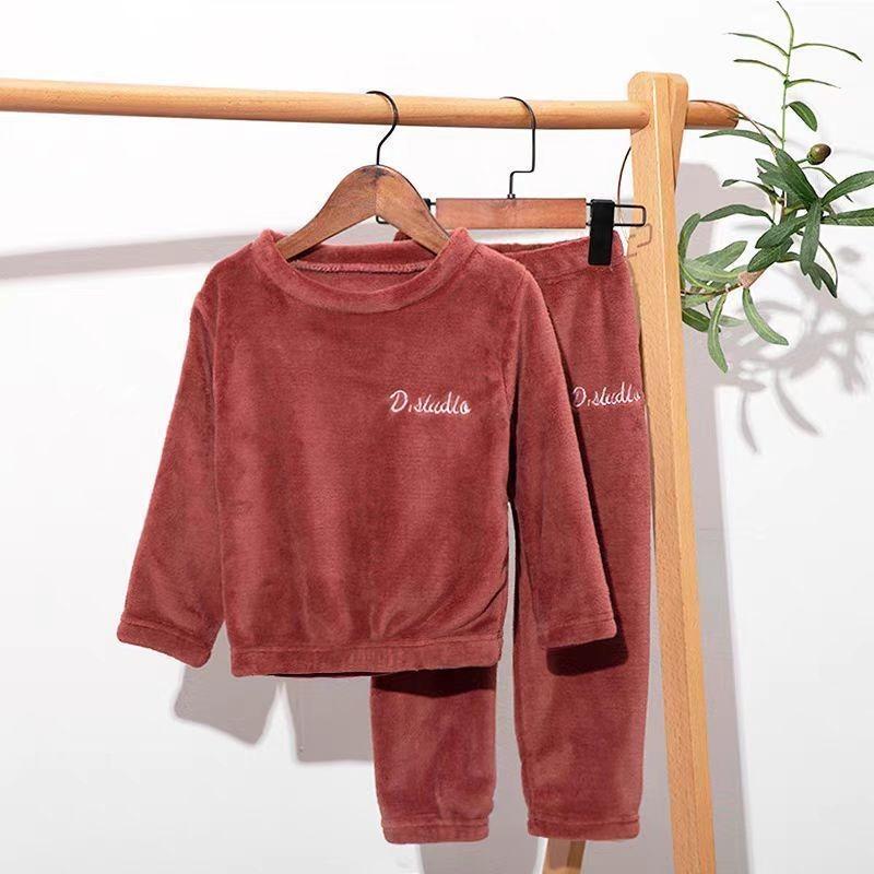 Kids Pullover Flannel Fleece Pajama Set, Thick Coral Velvet Warm Home Wear For Boys Girls, Autumn Winter Loungewear For Older Children