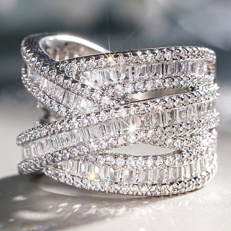Huitan Luxury Women Cross Design Ring Full Sparkling Cubic Zirconia Fashion Party Finger Accessories for Lady Wedding Jewelry
