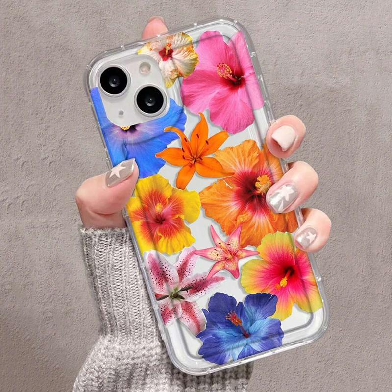 Hibiscus Floral Pattern Soft Rubber Phone Case For iPhone 16 15 13 14 12 11 Pro Max 16E 7 8 Plus SE2 X XR XS 13 Mini Clear Cover