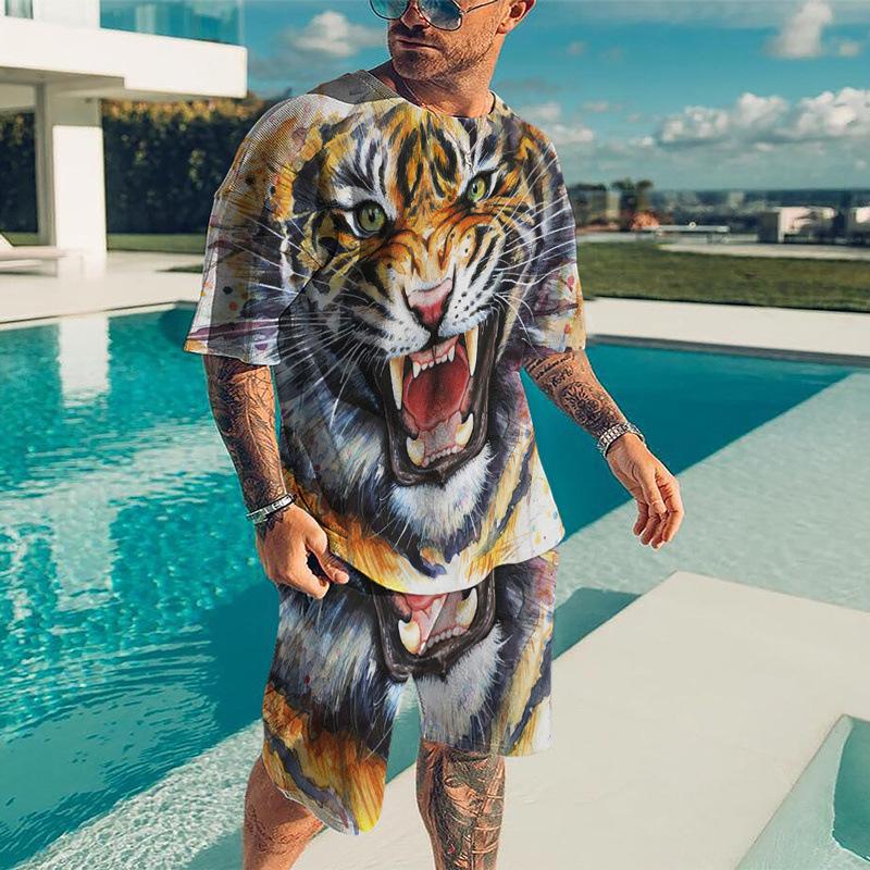 Meeste T-särkide komplektid Animal Tiger 3D Prindiga Loomade dressid T-särgid Lühikesed püksid 2 tükki Tänavarõivad Suured meeste ülikonnad Spordirõivad