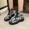 Comemore 2025 New Autumn Boots Graffiti Women's Shoes Printed Cartoon Lace-up Leather Ankle Boots Punk Style Thick Heeled Botas