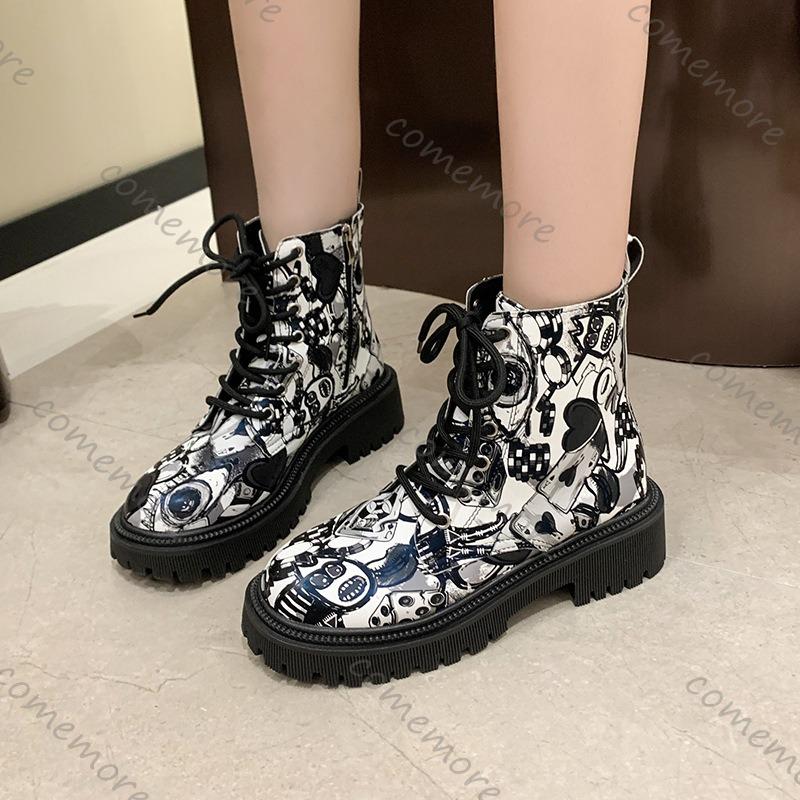 Comemore 2025 New Autumn Boots Graffiti Women's Shoes Printed Cartoon Lace-up Leather Ankle Boots Punk Style Thick Heeled Botas