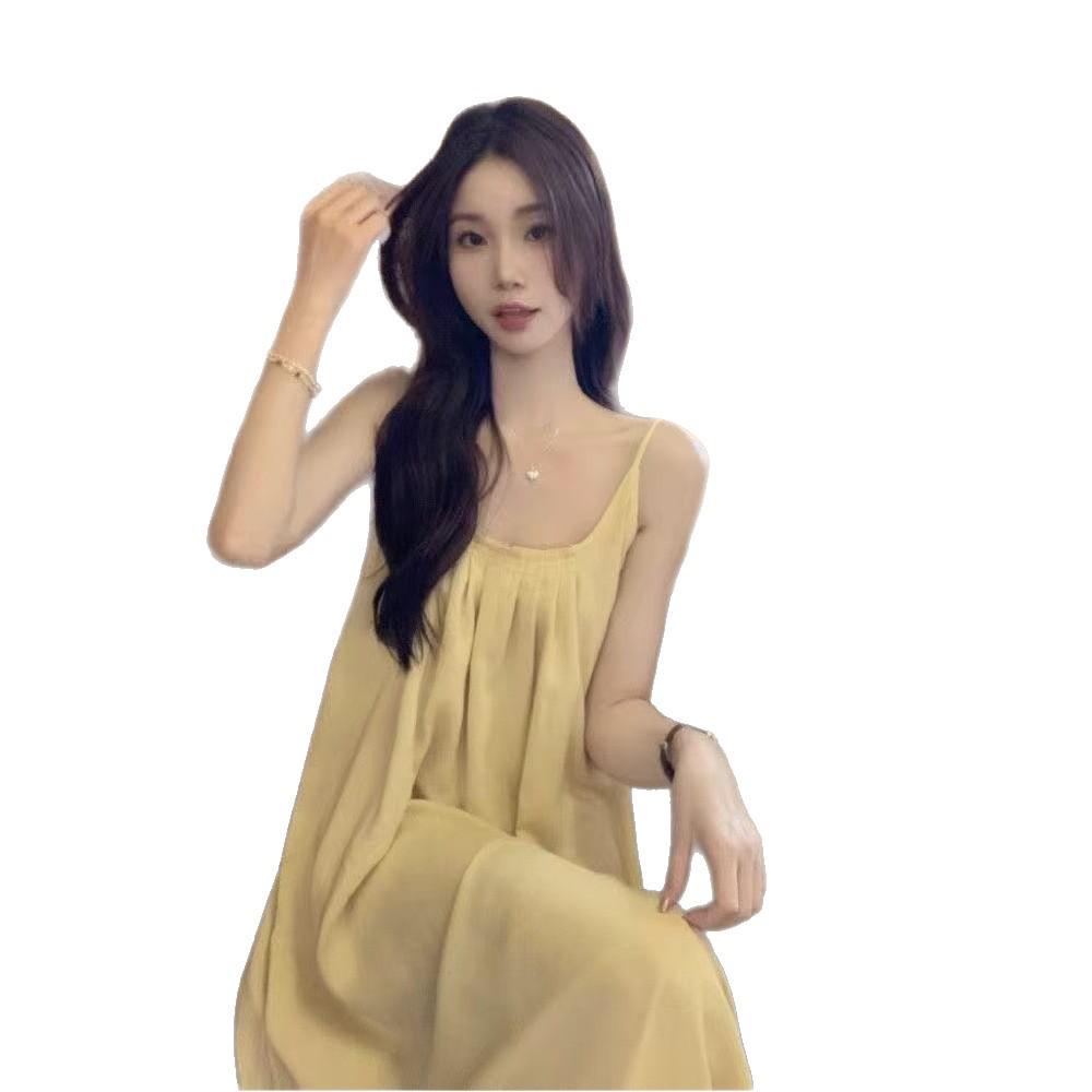 Rochie lungă de vară galbenă cu bretele pentru femei, stil plajă franțuzească - Stil casual de zână de plajă