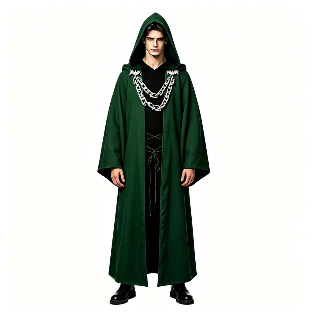 Gotický kostým kouzelníka s řetězem a kapucí pro halloweenské cosplay párty