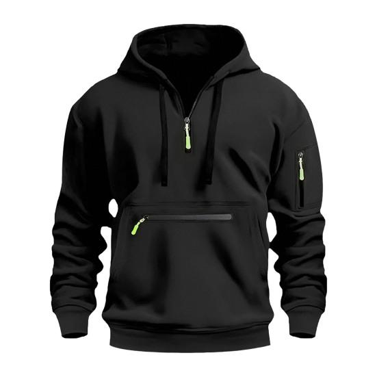 Fall Winter Men Hoodie Zipper Decor Loose Elastic Cuff Drawstring Warm Pullover Mid Length