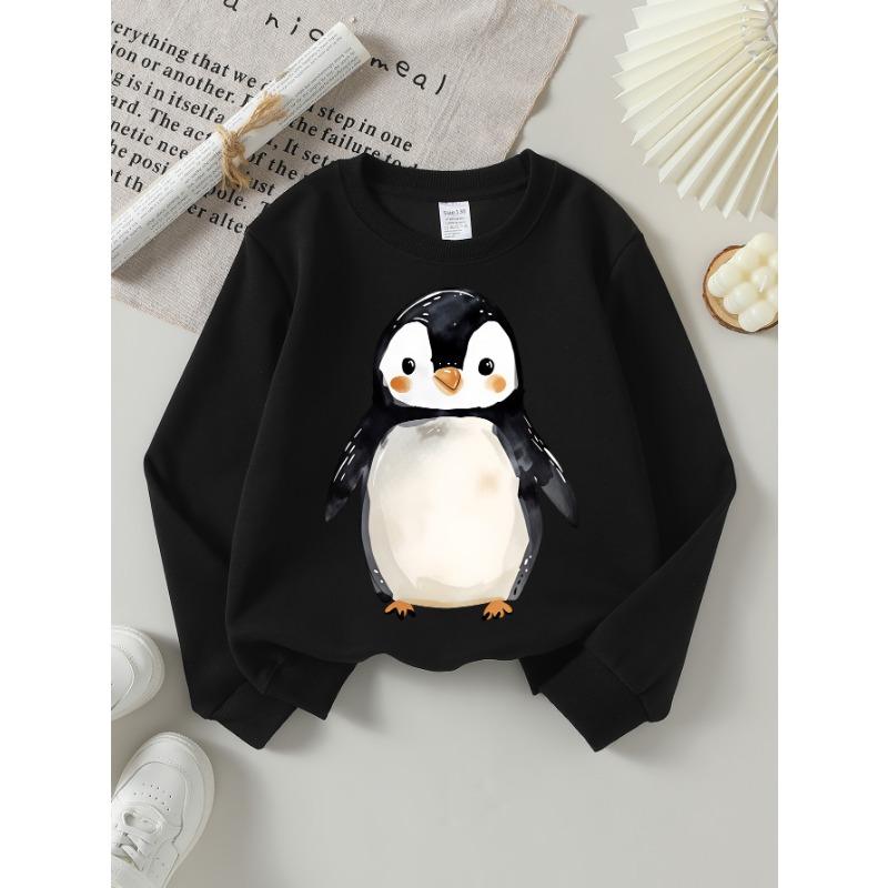 Europeiska storlekar Flicksweatshirt med mjuk rund halsringning, Sött akvarellpingvinmotiv, Avslappnat för höst och vinter, Idealisk julklapp.